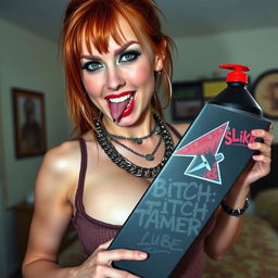 A close-up shot of a sexy female redhead with a large chest, wearing a tank top adorned with punk chains