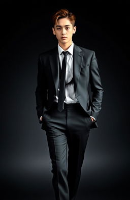 A stylish young man inspired by Jung Kook from BTS, dressed in a sleek mafia outfit that features a fitted suit with sharp tailoring, a crisp white shirt, and a skinny tie