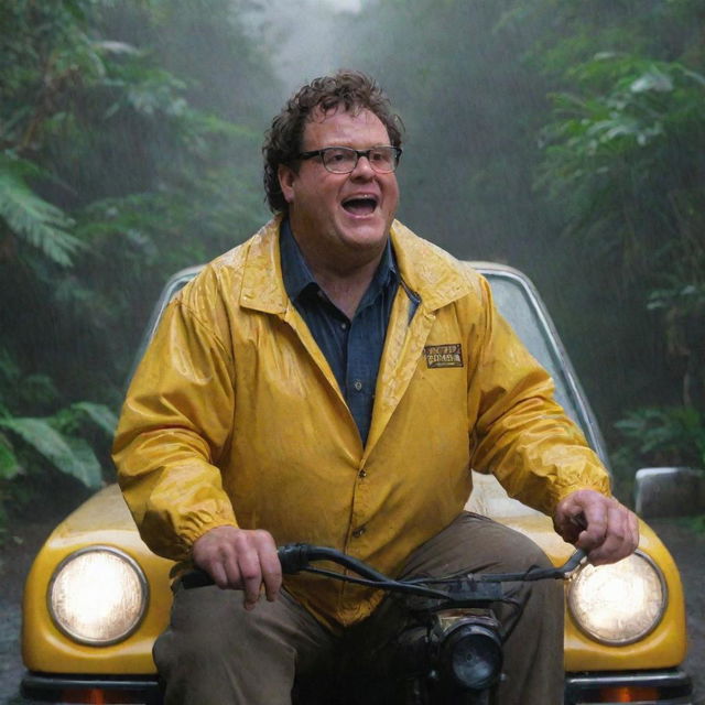 Capture a frantic Dennis Nedry, clad in his standout yellow rain jacket, clambering back into his Jurassic Park vehicle. With adrenaline pumping, he hits the gas and speeds off, blinding rain and darkness surrounding him on all sides.