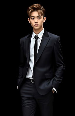 A stylish young man inspired by Jung Kook from BTS, dressed in a sleek mafia outfit that features a fitted suit with sharp tailoring, a crisp white shirt, and a skinny tie