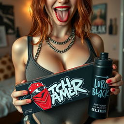 A close-up shot focusing on a sexy female redhead, showcasing her torso in a fitted tank top adorned with punk-style chains