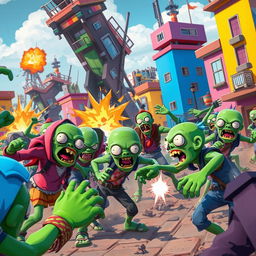 A dynamic scene depicting Fortnite-style zombies aggressively attacking a colorful urban environment