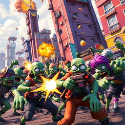 A dynamic scene depicting Fortnite-style zombies aggressively attacking a colorful urban environment