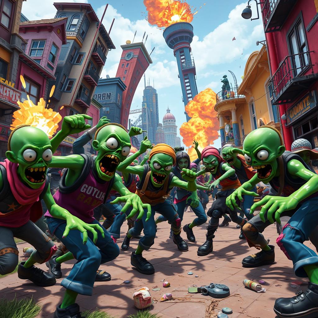 A dynamic scene depicting Fortnite-style zombies aggressively attacking a colorful urban environment