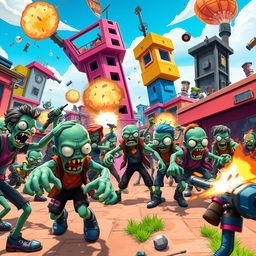 A dynamic scene depicting Fortnite-style zombies aggressively attacking a colorful urban environment