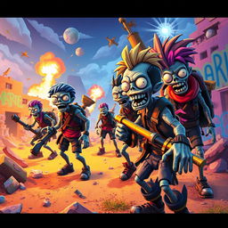 A thrilling scene featuring Fortnite-style zombies in a vibrant, colorful landscape