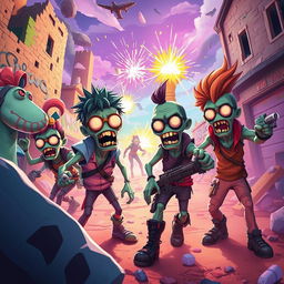 A thrilling scene featuring Fortnite-style zombies in a vibrant, colorful landscape