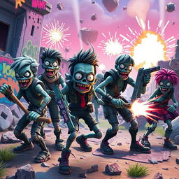 A thrilling scene featuring Fortnite-style zombies in a vibrant, colorful landscape