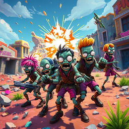 A thrilling scene featuring Fortnite-style zombies in a vibrant, colorful landscape