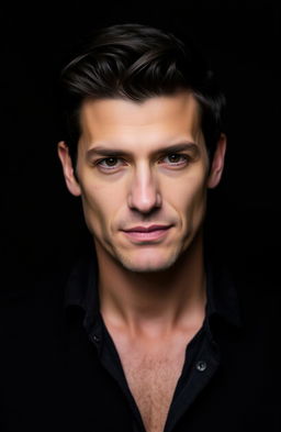 A portrait of Dante Russo, showcasing his striking features and charismatic expression, set against a rich, deep black background that enhances his presence