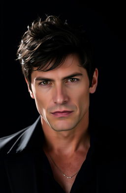 A portrait of Dante Russo, showcasing his striking features and charismatic expression, set against a rich, deep black background that enhances his presence