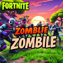 A vibrant and dynamic Fortnite-themed thumbnail featuring stylized zombies in a battle royale setting