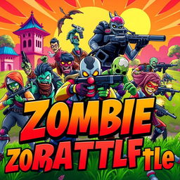 A vibrant and dynamic Fortnite-themed thumbnail featuring stylized zombies in a battle royale setting