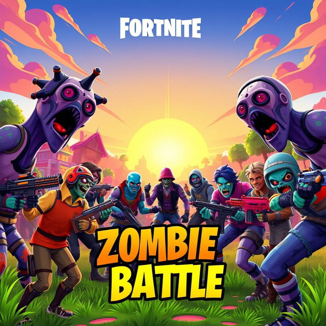 A vibrant and dynamic Fortnite-themed thumbnail featuring stylized zombies in a battle royale setting