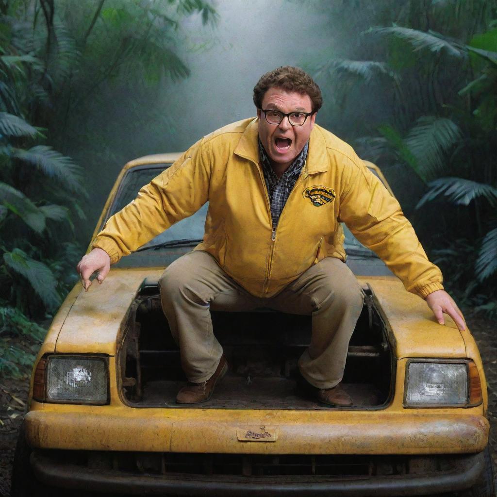 In the veil of the night, show a desperate Dennis Nedry, donning his iconic yellow jacket, jumping back into his Jurassic Park vehicle. As he floors the gas pedal, the vehicle takes off, leaving the unsettling jungle trepidation behind.