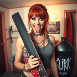 A close-up on a sexy female redhead with a large chest wearing a tank top adorned with punk chains