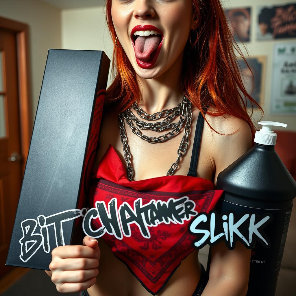 A close-up on a sexy female redhead with a large chest wearing a tank top adorned with punk chains