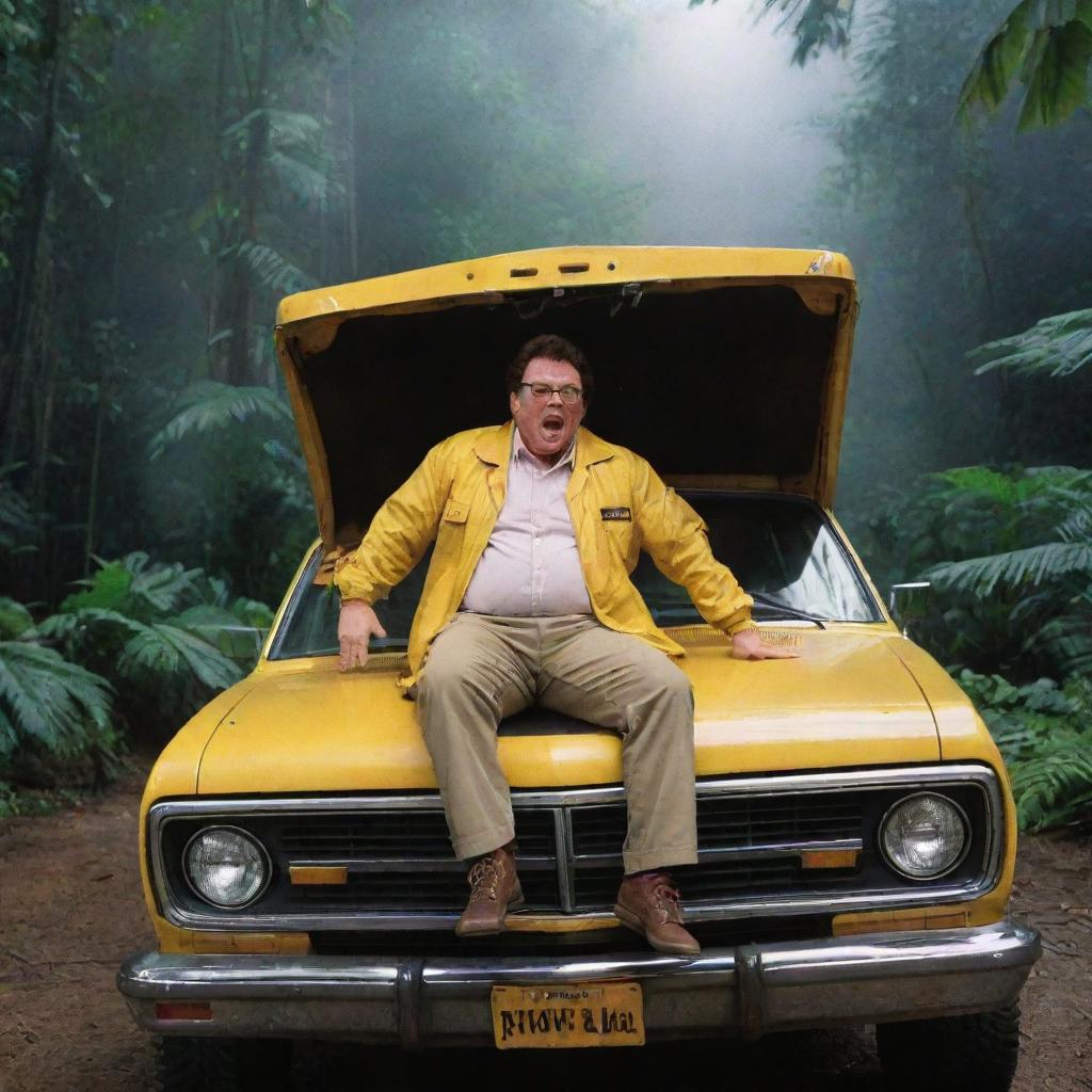 In the veil of the night, show a desperate Dennis Nedry, donning his iconic yellow jacket, jumping back into his Jurassic Park vehicle. As he floors the gas pedal, the vehicle takes off, leaving the unsettling jungle trepidation behind.