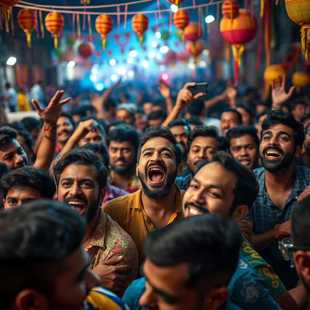 A close-up scene depicting a dense crowd of diverse adult men engaging in a lively and energetic festival atmosphere