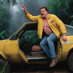 In the veil of the night, show a desperate Dennis Nedry, donning his iconic yellow jacket, jumping back into his Jurassic Park vehicle. As he floors the gas pedal, the vehicle takes off, leaving the unsettling jungle trepidation behind.