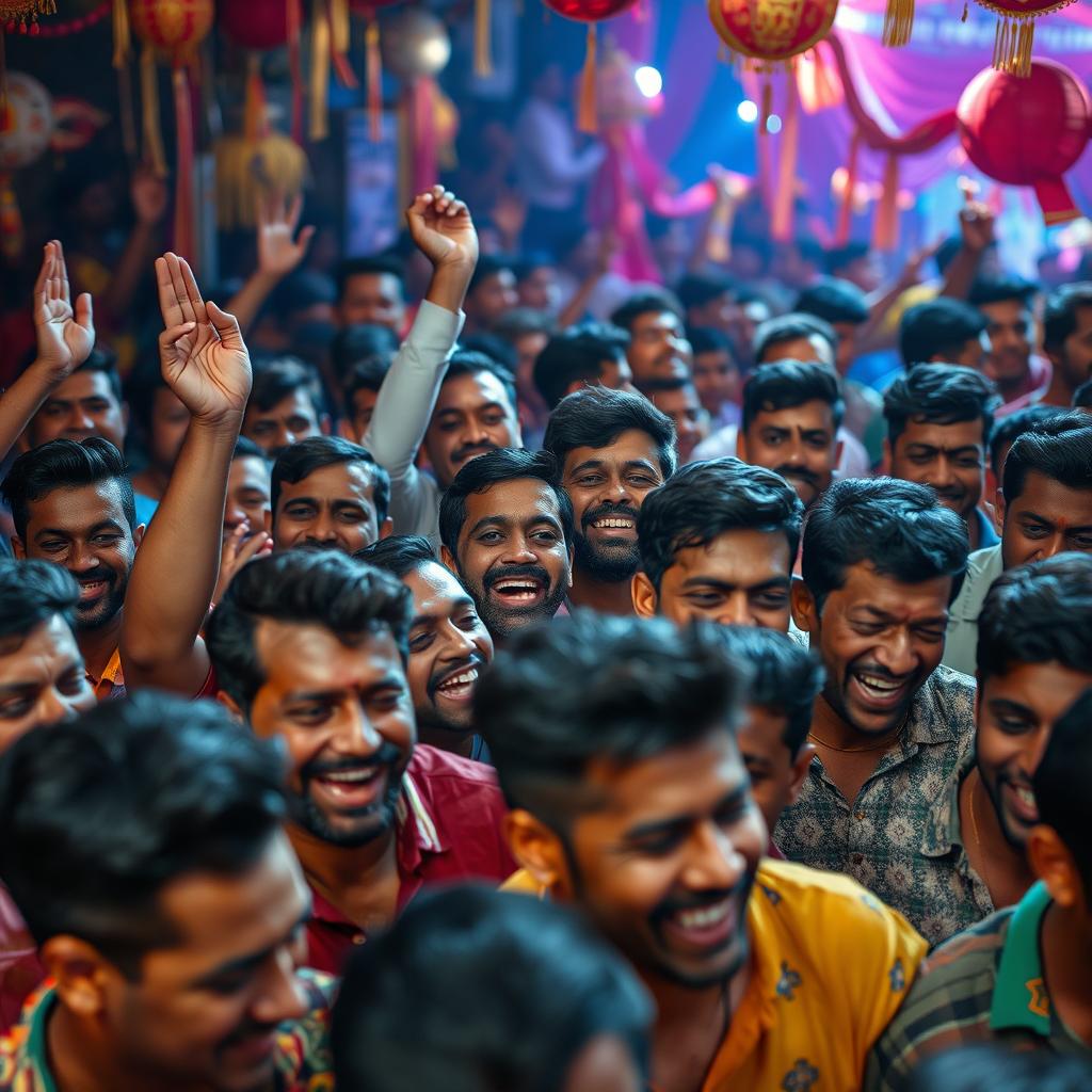 A close-up scene depicting a dense crowd of diverse adult men engaging in a lively and energetic festival atmosphere