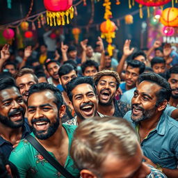 A close-up scene depicting a dense crowd of diverse adult men engaging in a lively and energetic festival atmosphere