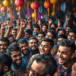 A close-up scene depicting a dense crowd of diverse adult men engaging in a lively and energetic festival atmosphere