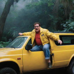 In the veil of the night, show a desperate Dennis Nedry, donning his iconic yellow jacket, jumping back into his Jurassic Park vehicle. As he floors the gas pedal, the vehicle takes off, leaving the unsettling jungle trepidation behind.