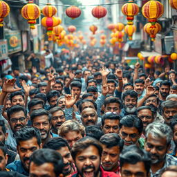 A dynamic scene depicting a dense crowd of diverse adult men in a bustling urban environment, filled with excitement and energy during a lively street festival