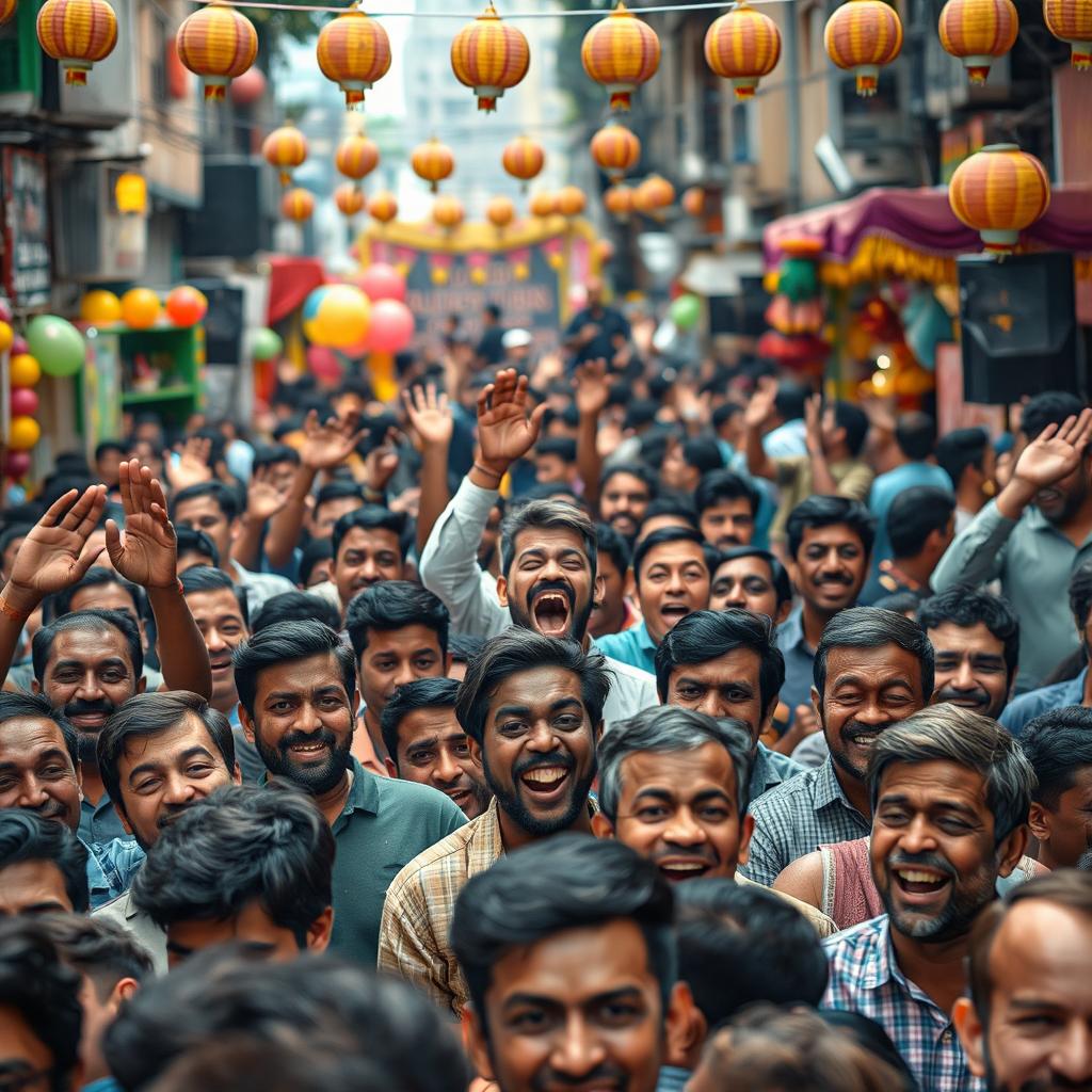 A dynamic scene depicting a dense crowd of diverse adult men in a bustling urban environment, filled with excitement and energy during a lively street festival