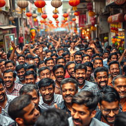 A dynamic scene depicting a dense crowd of diverse adult men in a bustling urban environment, filled with excitement and energy during a lively street festival