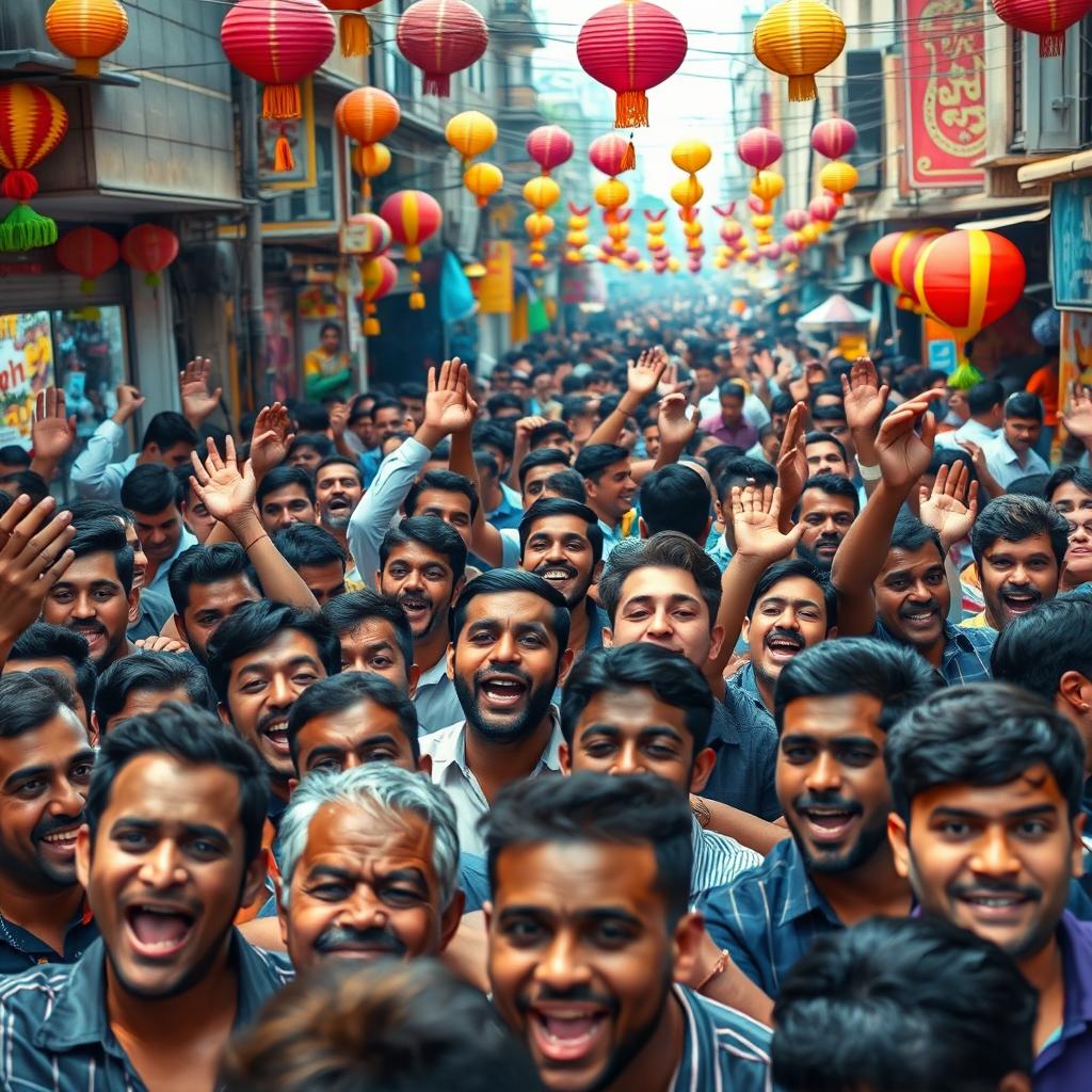 A dynamic scene depicting a dense crowd of diverse adult men in a bustling urban environment, filled with excitement and energy during a lively street festival