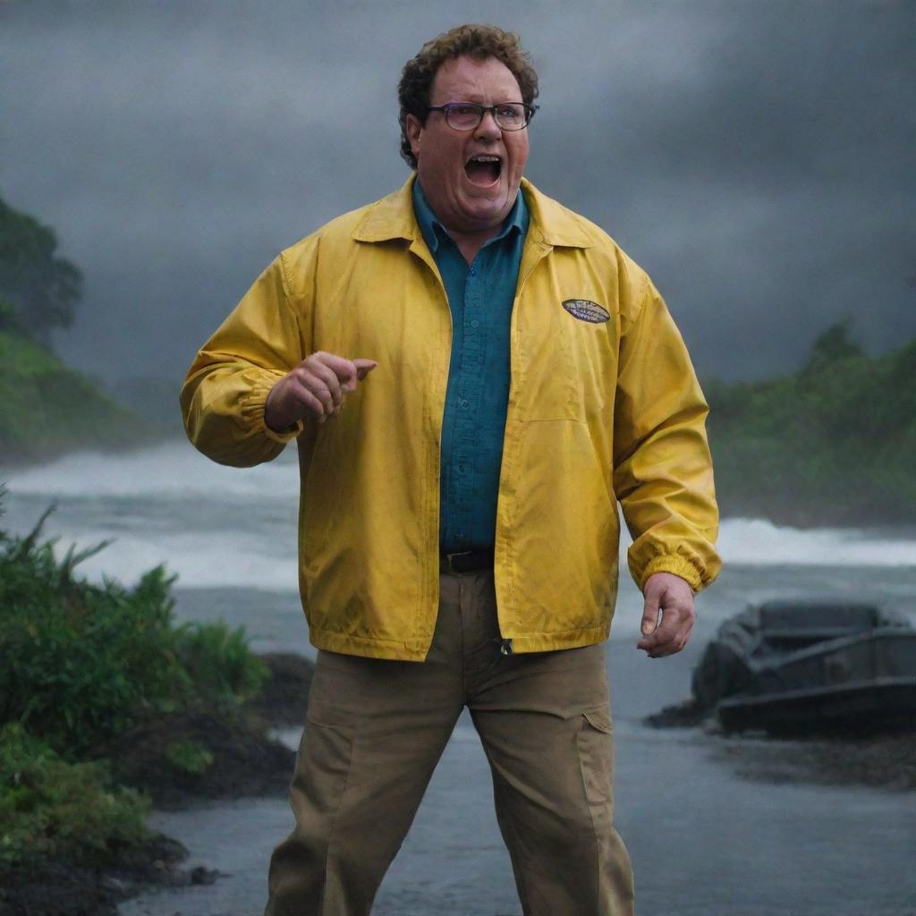 Highlight the image of a seriously alarmed Dennis Nedry in his bright yellow jacket, in the middle of a stormy night on Isla Nublar, rushing back to the safety of his Jurassic Park vehicle.