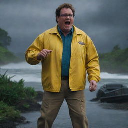 Highlight the image of a seriously alarmed Dennis Nedry in his bright yellow jacket, in the middle of a stormy night on Isla Nublar, rushing back to the safety of his Jurassic Park vehicle.