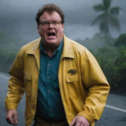 Highlight the image of a seriously alarmed Dennis Nedry in his bright yellow jacket, in the middle of a stormy night on Isla Nublar, rushing back to the safety of his Jurassic Park vehicle.