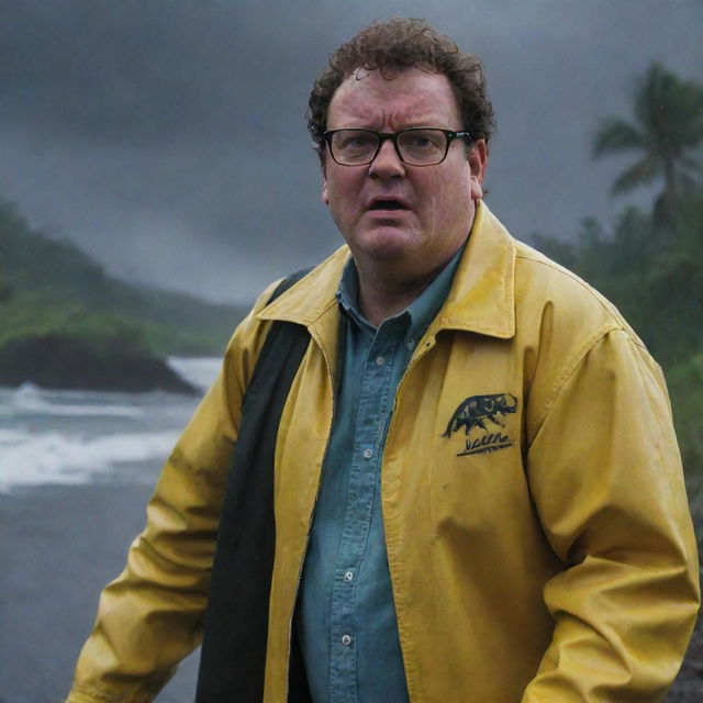 Highlight the image of a seriously alarmed Dennis Nedry in his bright yellow jacket, in the middle of a stormy night on Isla Nublar, rushing back to the safety of his Jurassic Park vehicle.