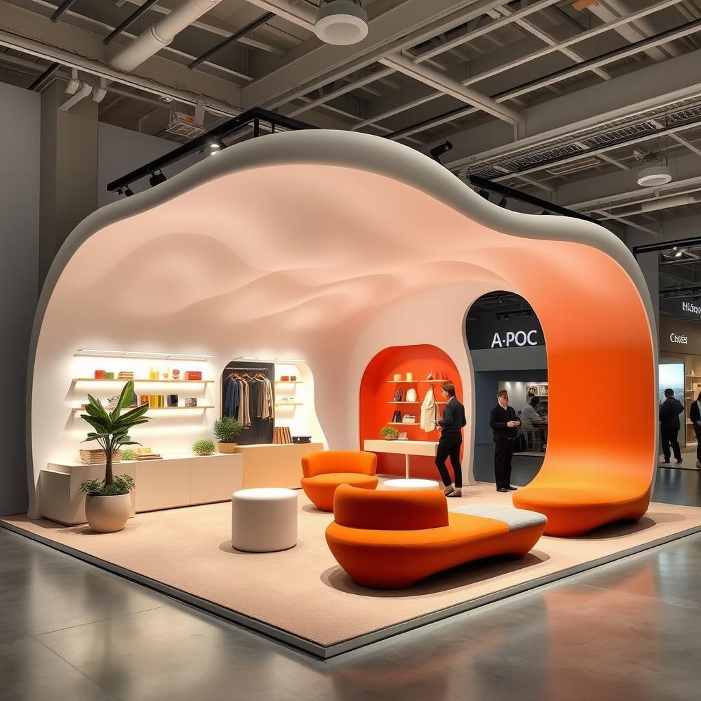 A modern exhibition stand design inspired by the A-POC store designed by Ronan and Erwan Bouroullec, suitable for a space of 3x3x3 meters