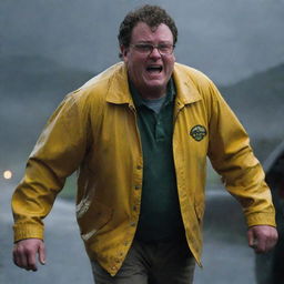 Highlight the image of a seriously alarmed Dennis Nedry in his bright yellow jacket, in the middle of a stormy night on Isla Nublar, rushing back to the safety of his Jurassic Park vehicle.