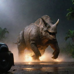 Visualize a dramatic scene where a Triceratops, using its formidable horns, hurls Dennis Nedry's Jurassic Park vehicle, causing substantial damage. Nedry's visible shock and the drenched Triceratops intensify this night scene on storm-battered Isla Nublar.