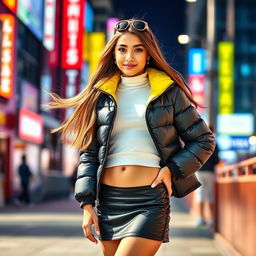 A fashionable hot girl wearing a stylish puffer jacket and a trendy skirt, confidently standing in a vibrant urban environment