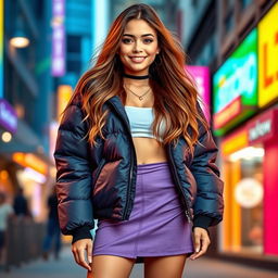 A fashionable hot girl wearing a stylish puffer jacket and a trendy skirt, confidently standing in a vibrant urban environment