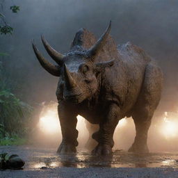 Visualize a dramatic scene where a Triceratops, using its formidable horns, hurls Dennis Nedry's Jurassic Park vehicle, causing substantial damage. Nedry's visible shock and the drenched Triceratops intensify this night scene on storm-battered Isla Nublar.