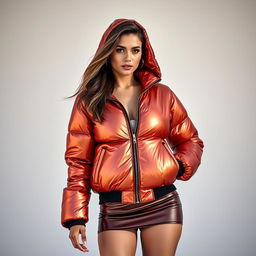 A sexy young woman wearing a stylish metallic puffer jacket zipped up, paired with a short skirt that reveals her legs