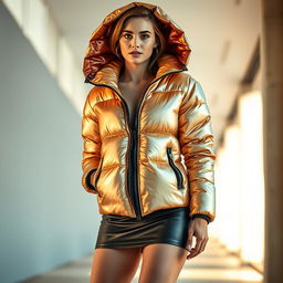 A sexy young woman wearing a stylish metallic puffer jacket zipped up, paired with a short skirt that reveals her legs