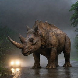 Visualize a dramatic scene where a Triceratops, using its formidable horns, hurls Dennis Nedry's Jurassic Park vehicle, causing substantial damage. Nedry's visible shock and the drenched Triceratops intensify this night scene on storm-battered Isla Nublar.