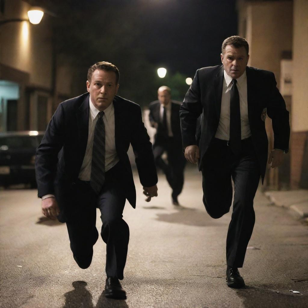 Night scene of FBI agents stealthily crawling towards gangsters