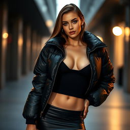 A sexy young woman wearing a fitted black puffer jacket, unzipped to reveal a stylish black mini skirt that accentuates her curves and shows her legs