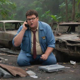 Portray Dennis Nedry, visibly panicked amidst the wreckage of his car, intensely dialing Dr. Alan Grant on his phone. His request for help crackles over the line, echoing in Grant's computer room on Isla Nublar.