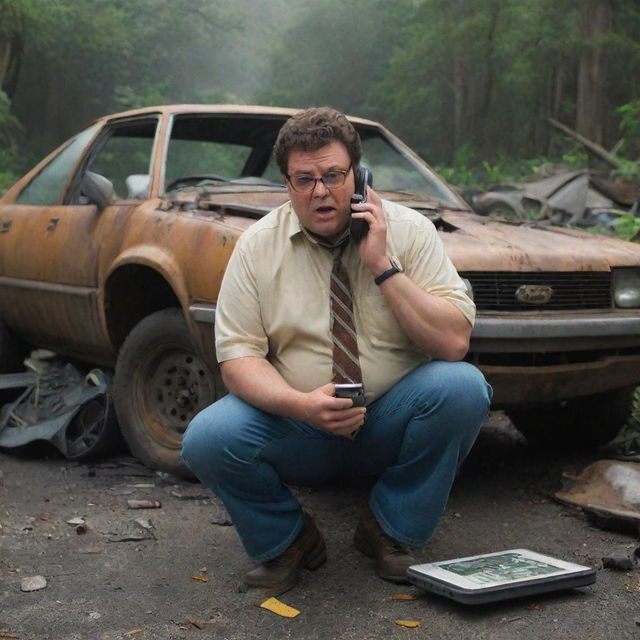 Portray Dennis Nedry, visibly panicked amidst the wreckage of his car, intensely dialing Dr. Alan Grant on his phone. His request for help crackles over the line, echoing in Grant's computer room on Isla Nublar.