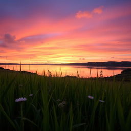 A serene landscape featuring a beautiful sunset over a peaceful lake, with vibrant shades of orange, pink, and purple reflecting in the still water